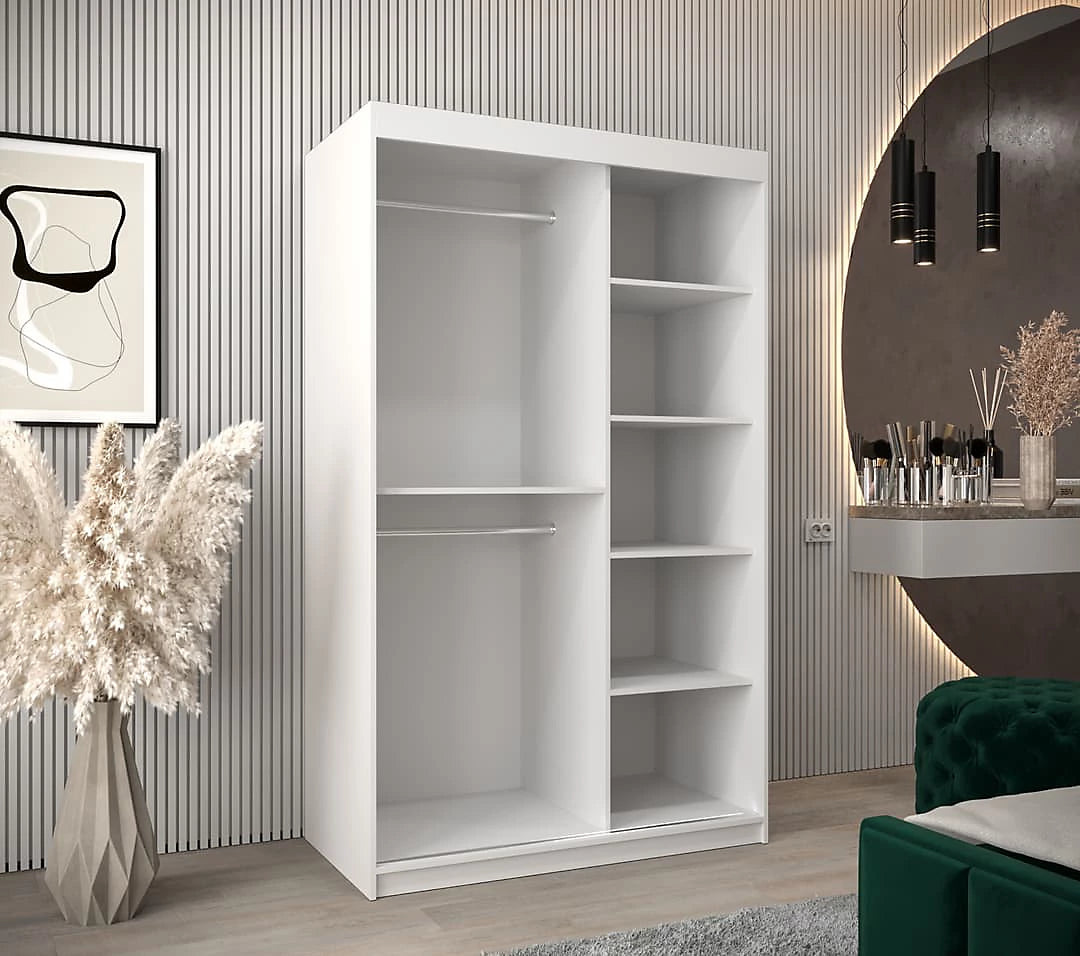 Tokyo 03 Contemporary Mirrored 2 Sliding Door Wardrobe 5 Shelves 2 Rails White Matt