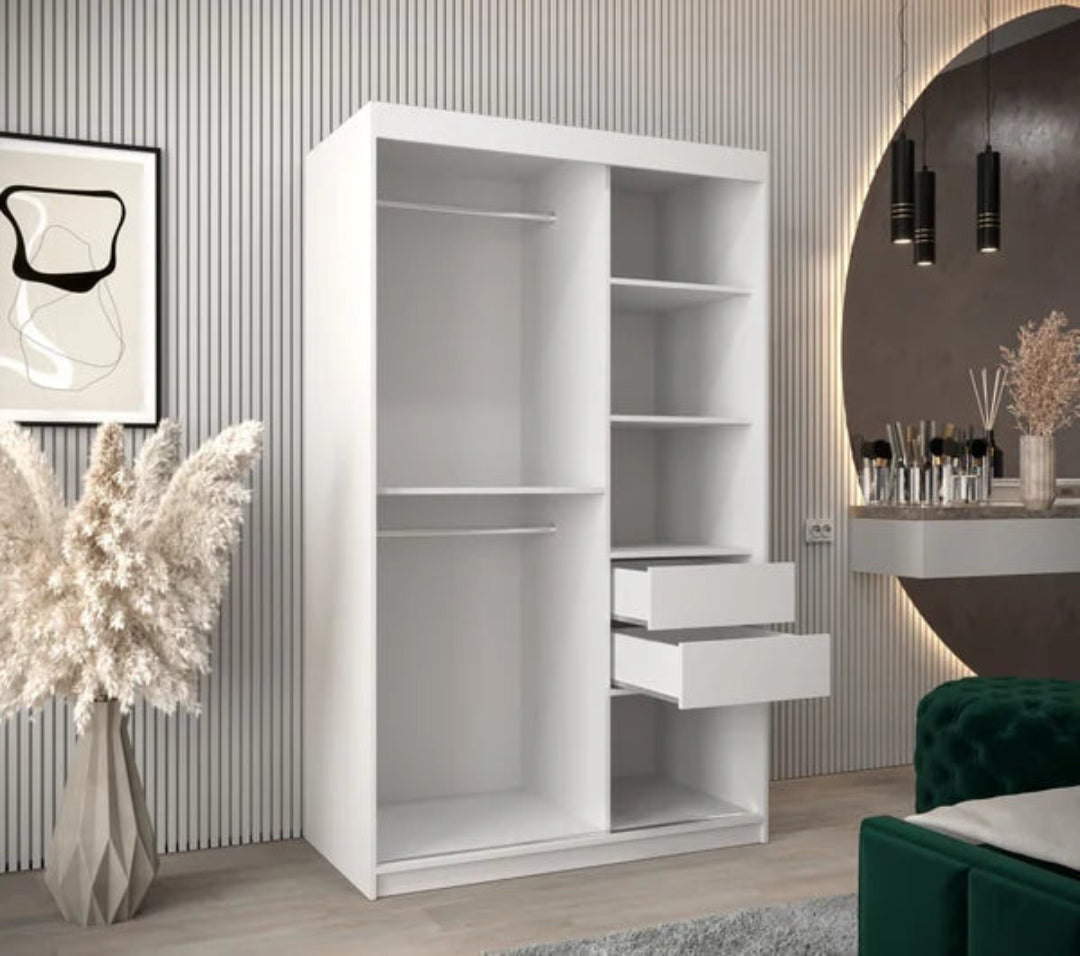 Tokyo 03 Contemporary Mirrored 2 Sliding Door Wardrobe 5 Shelves 2 Rails White Matt