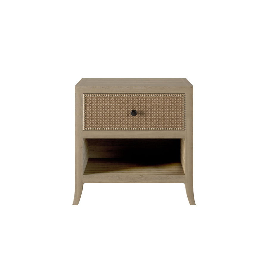 Beige nightstand with a textured drawer on a white background