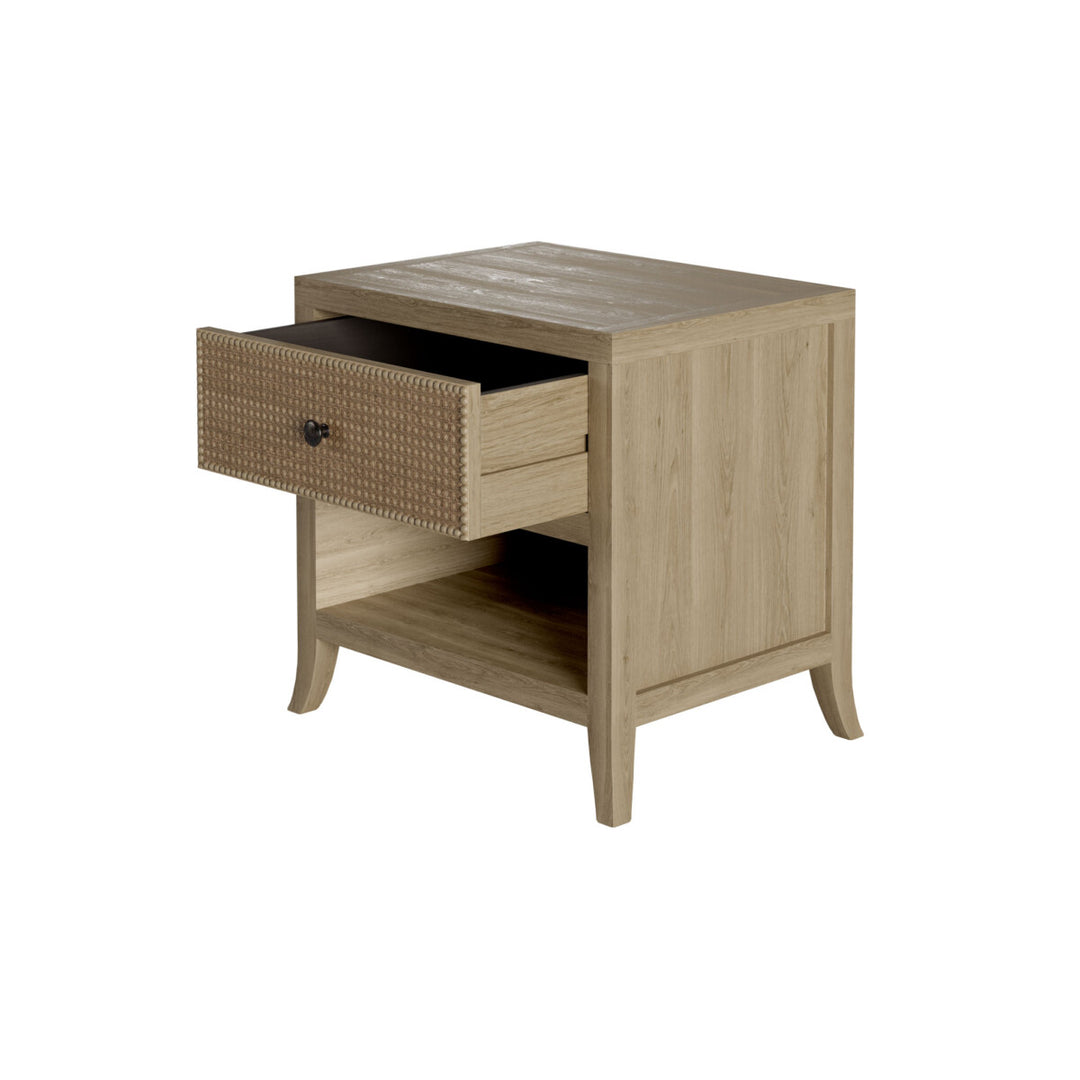 Wooden side table with a drawer on a white background