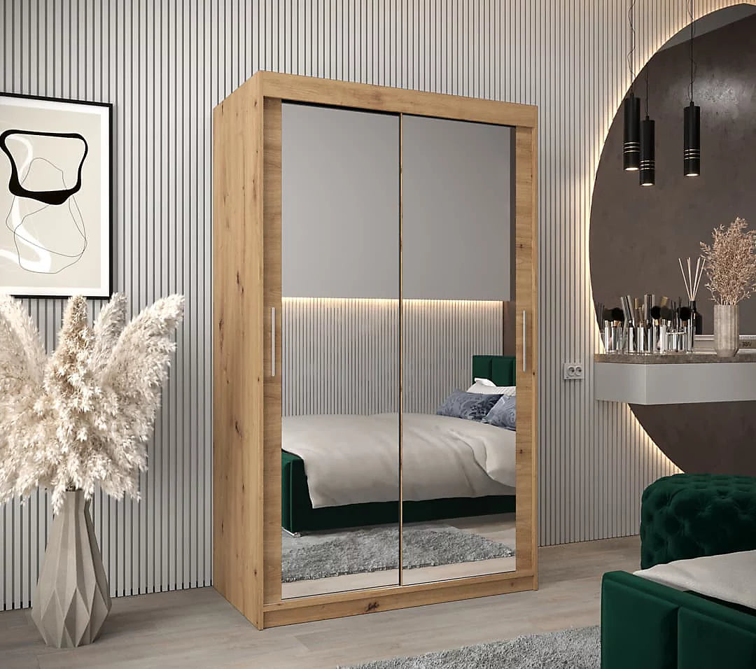 Tokyo 03 Contemporary Mirrored 2 Sliding Door Wardrobe 5 Shelves 2 Rails Oak Artisan Effect