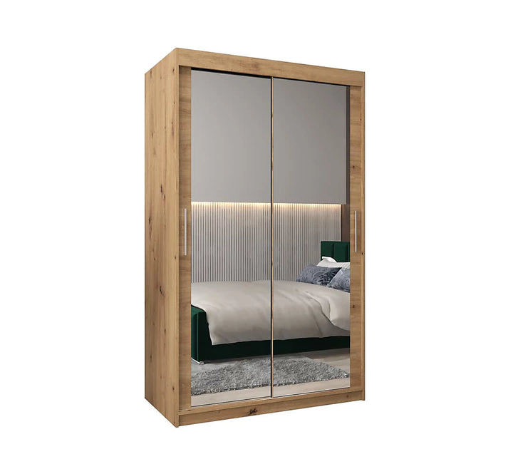 Tokyo 03 Contemporary Mirrored 2 Sliding Door Wardrobe 5 Shelves 2 Rails Oak Artisan Effect