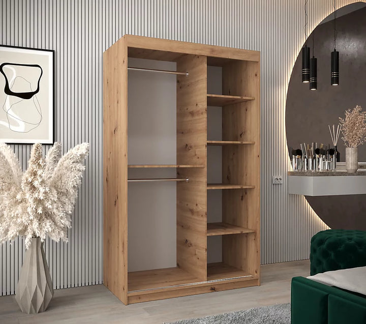 Tokyo 03 Contemporary Mirrored 2 Sliding Door Wardrobe 5 Shelves 2 Rails Oak Artisan Effect