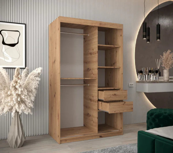 Tokyo 03 Contemporary Mirrored 2 Sliding Door Wardrobe 5 Shelves 2 Rails Oak Artisan Effect