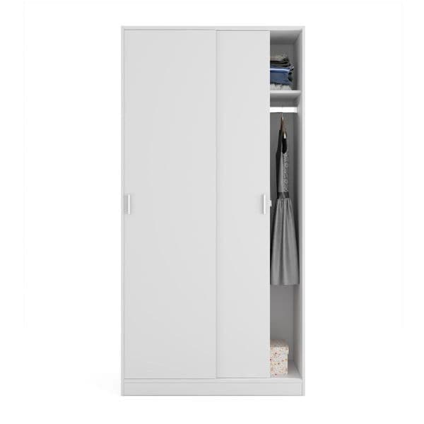 White wardrobe with one door open on a white background