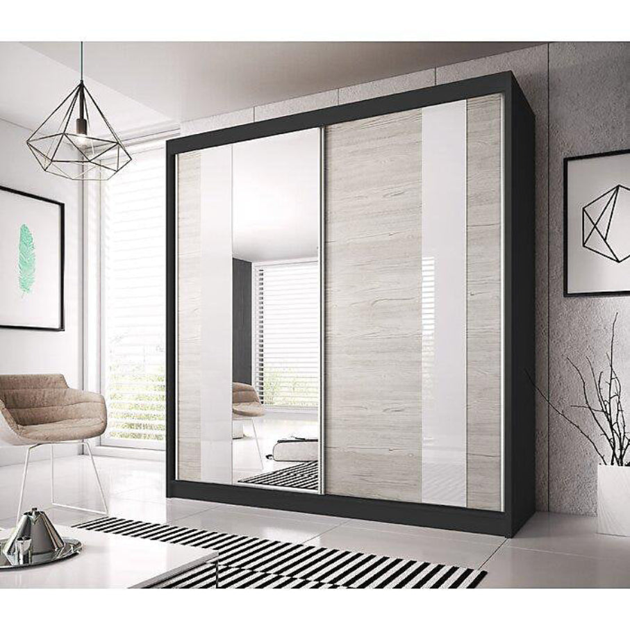 Multi Sophisticated Black Matt Sliding Door Wardrobe - Kathult Oak & White Gloss Front