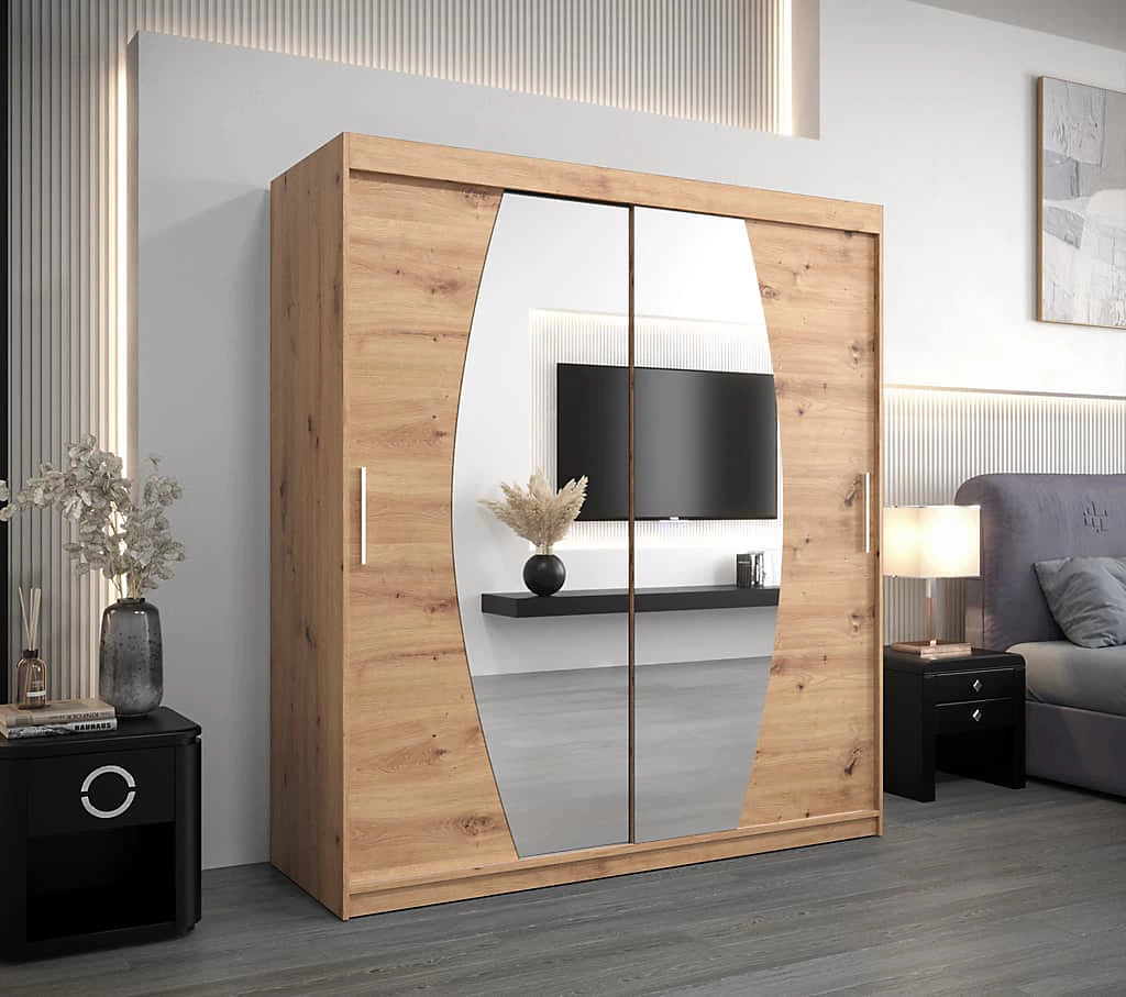 Elypse Contemporary 2 Mirrored Sliding Door Wardrobe 9 Shelves 2 Rails Artisan Oak Effect