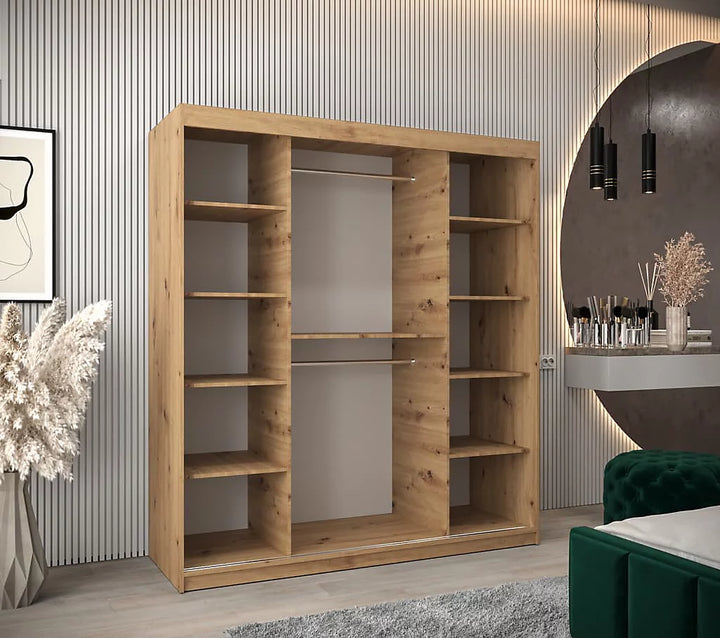 Elypse Contemporary 2 Mirrored Sliding Door Wardrobe 9 Shelves 2 Rails Artisan Oak Effect