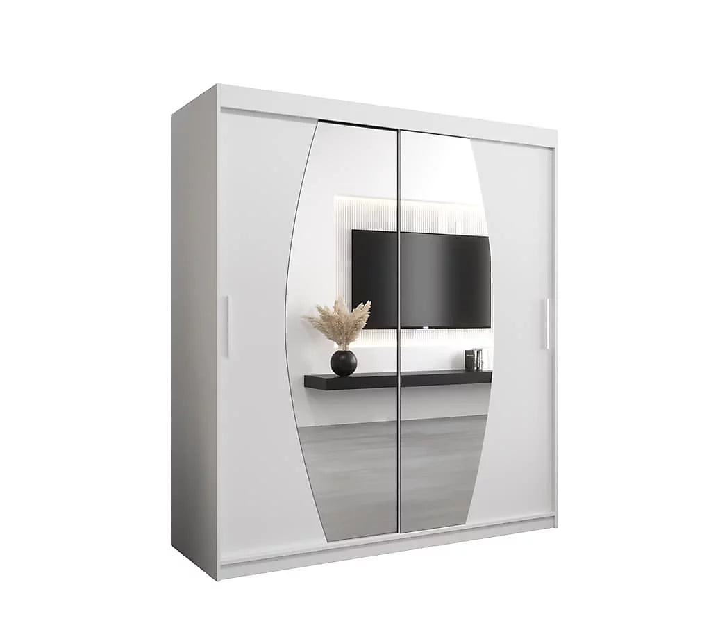 Elypse Contemporary 2 Mirrored Sliding Door Wardrobe 9 Shelves 2 Rails White