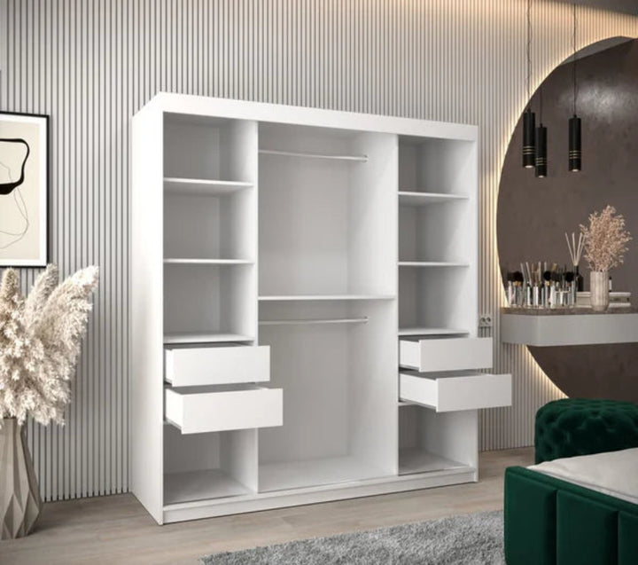 Elypse Contemporary 2 Mirrored Sliding Door Wardrobe 9 Shelves 2 Rails White