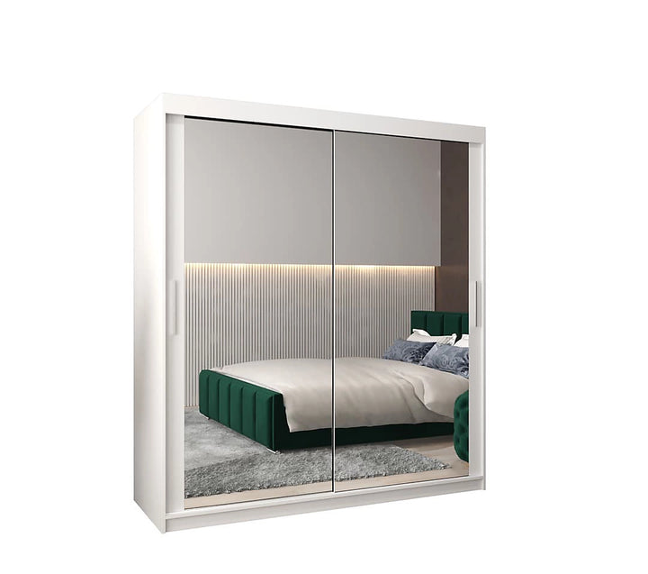 Tokyo 03 Contemporary Mirrored 2 Sliding Door Wardrobe 9 Shelves 2 Rails White Matt