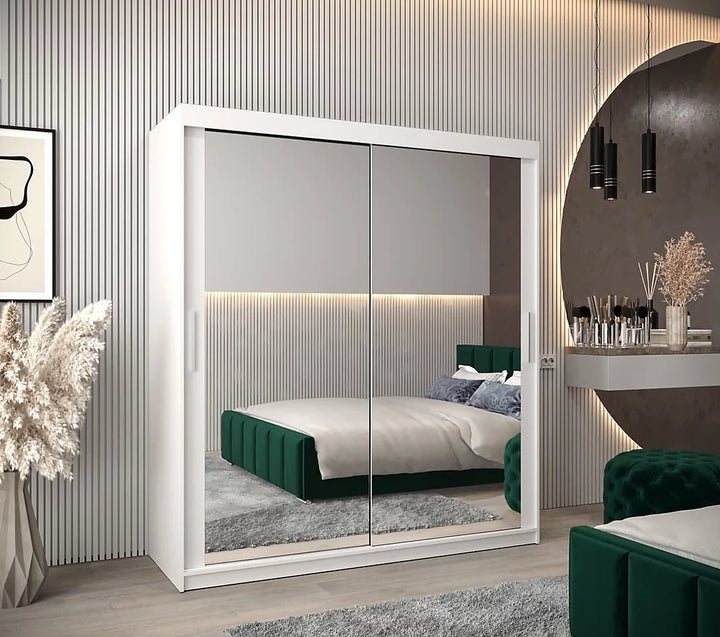 Tokyo 03 Contemporary Mirrored 2 Sliding Door Wardrobe 9 Shelves 2 Rails White Matt