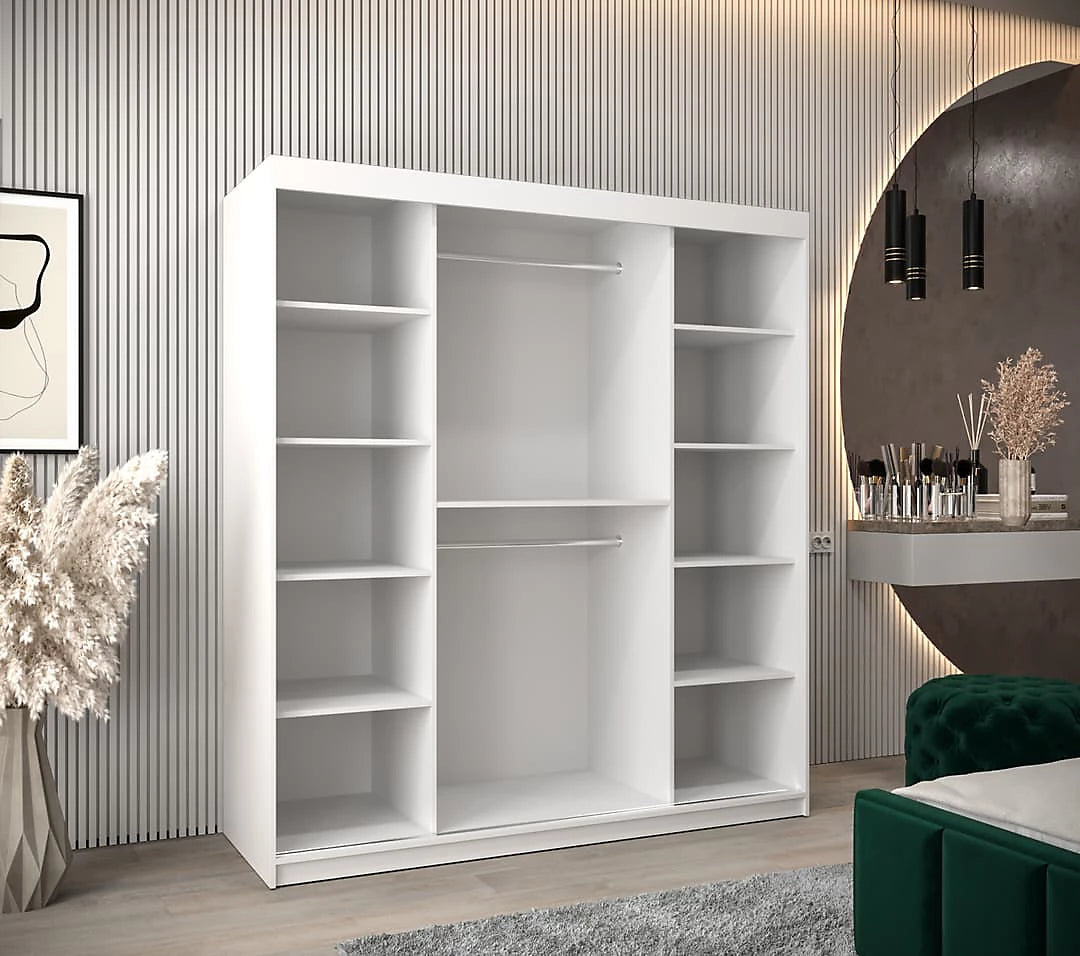 Tokyo 03 Contemporary Mirrored 2 Sliding Door Wardrobe 9 Shelves 2 Rails White Matt