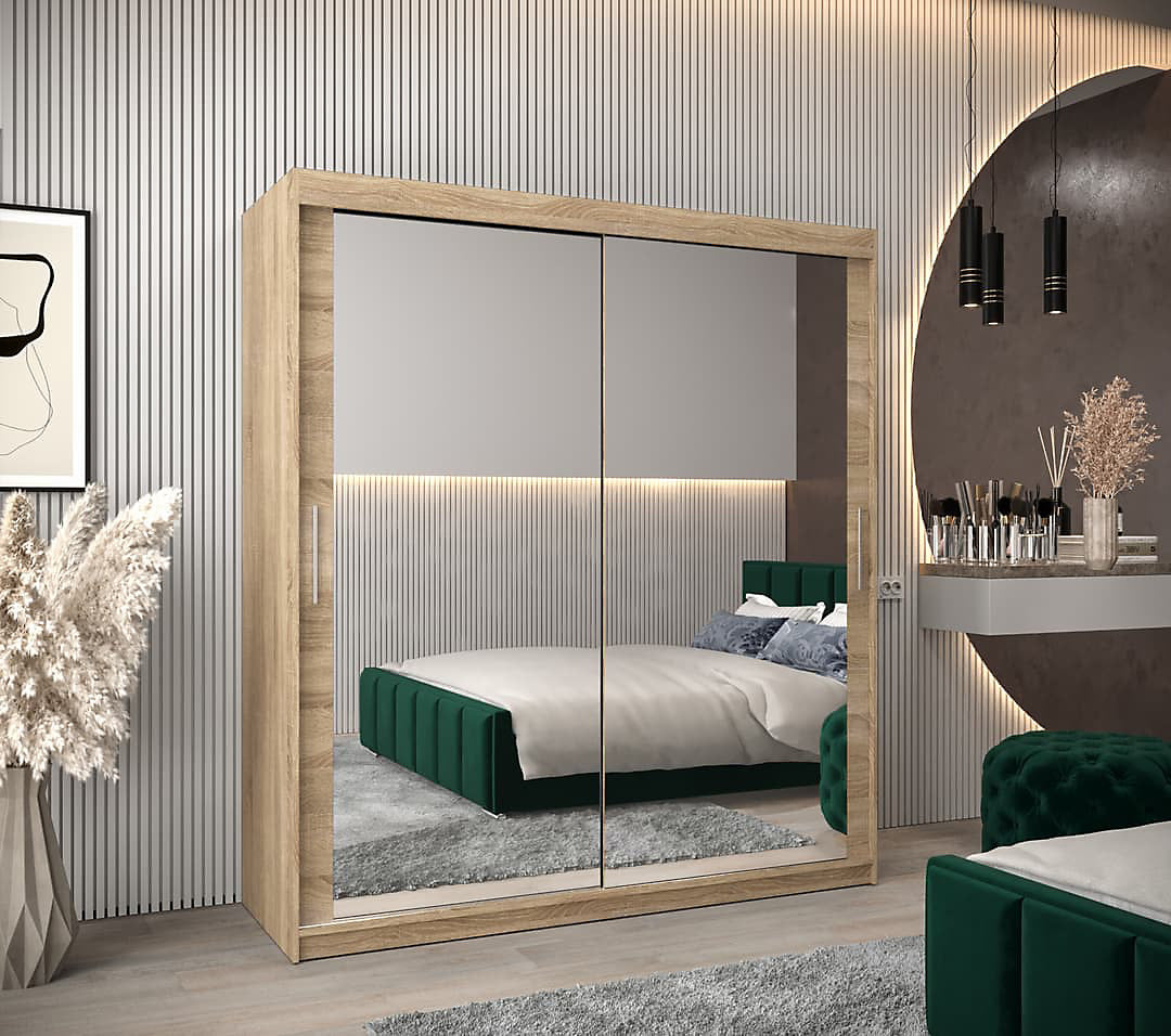 Tokyo 03 Contemporary Mirrored 2 Sliding Door Wardrobe 9 Shelves 2 Rails Oak Sonoma Effect