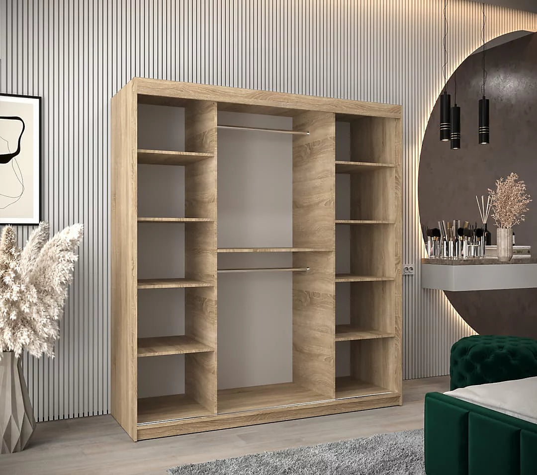 Tokyo 03 Contemporary Mirrored 2 Sliding Door Wardrobe 9 Shelves 2 Rails Oak Sonoma Effect 180cm