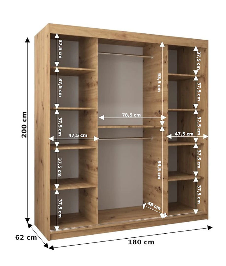Tokyo 03 Contemporary Mirrored 2 Sliding Door Wardrobe 9 Shelves 2 Rails Oak Sonoma Effect 180cm