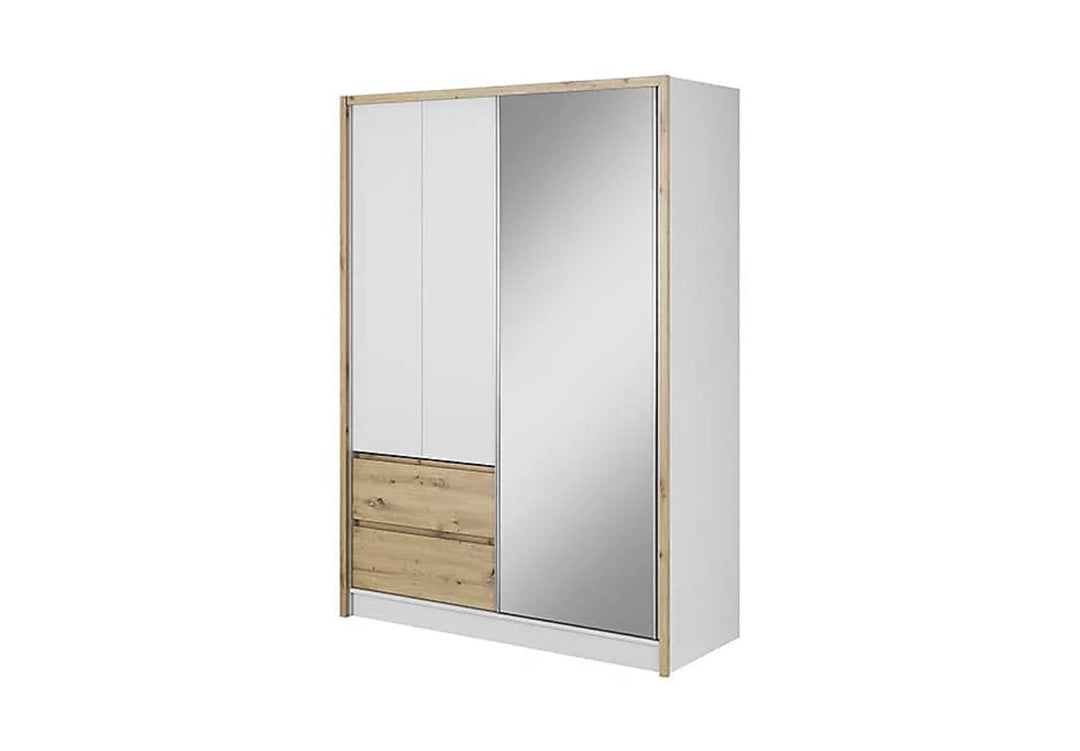 Sara Mirrored Wardrobe 154cm with Drawers in White and Oak Artisan