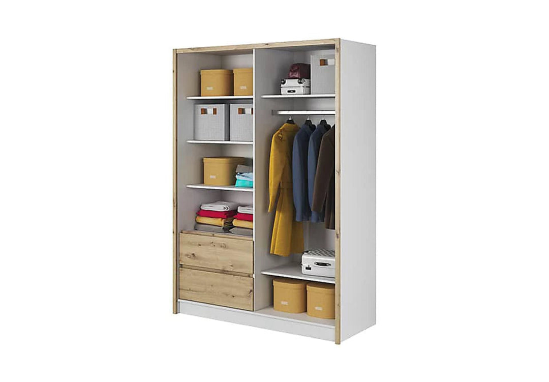 Sara Mirrored Wardrobe 154cm with Drawers in White and Oak Artisan