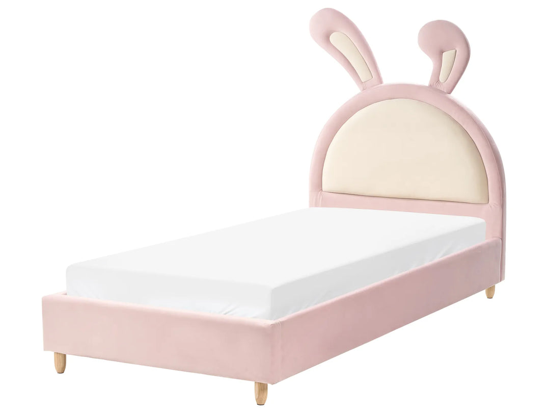 Pink children's bed with bunny ears on a white background