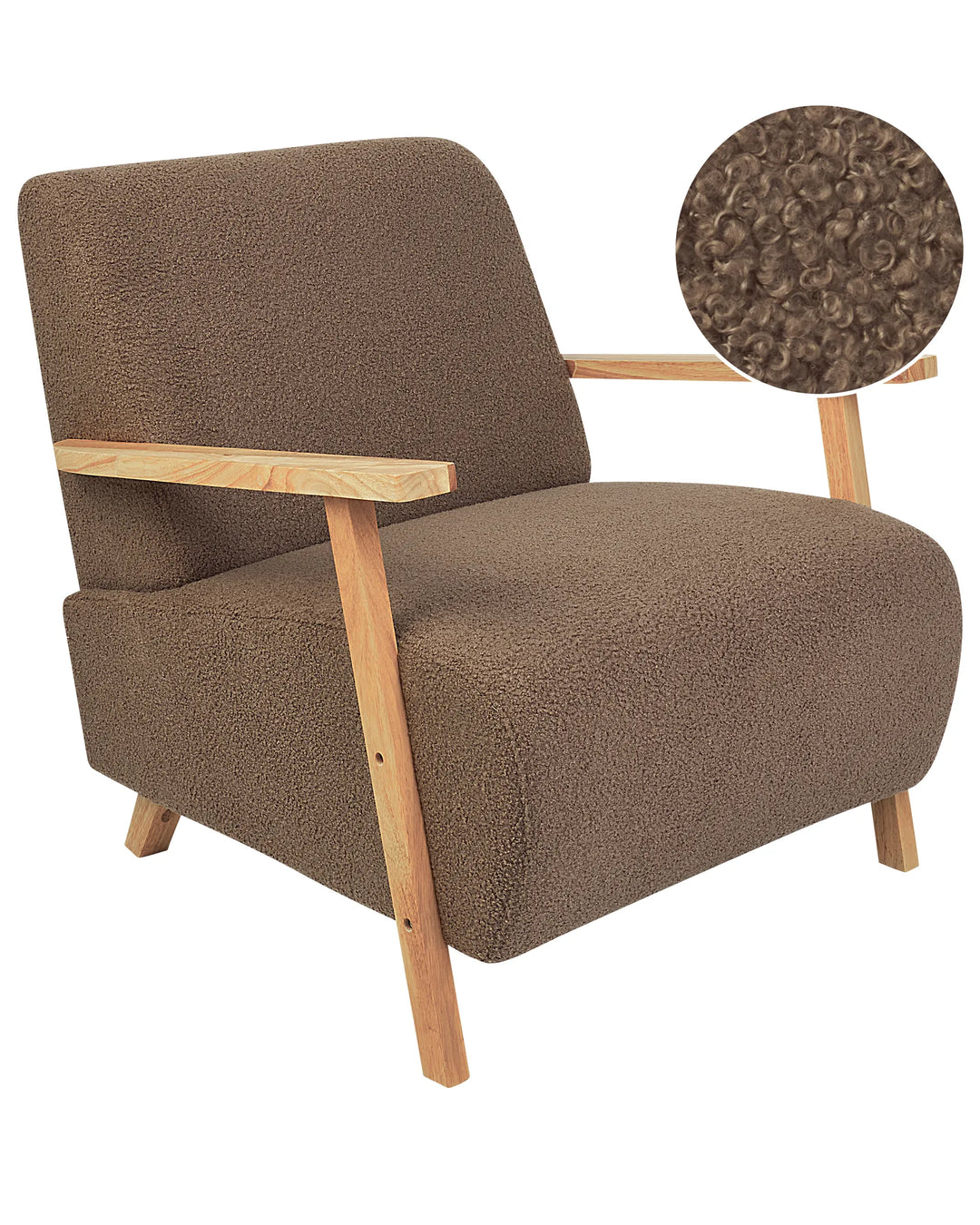 Brown armchair with wooden armrests and legs on a white background