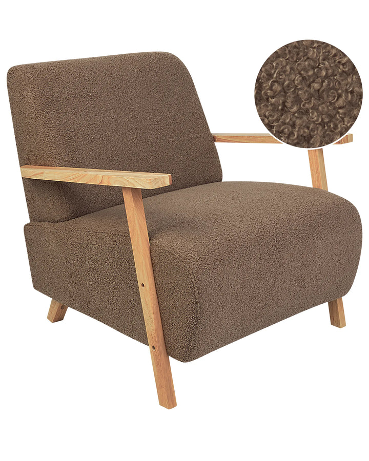 Brown armchair with wooden armrests and legs on a white background