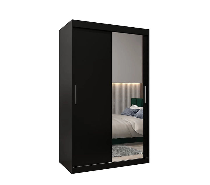 Tokyo 02 Contemporary Mirrored 2 Sliding Door Wardrobe 5 Shelves 2 Rails Black Matt