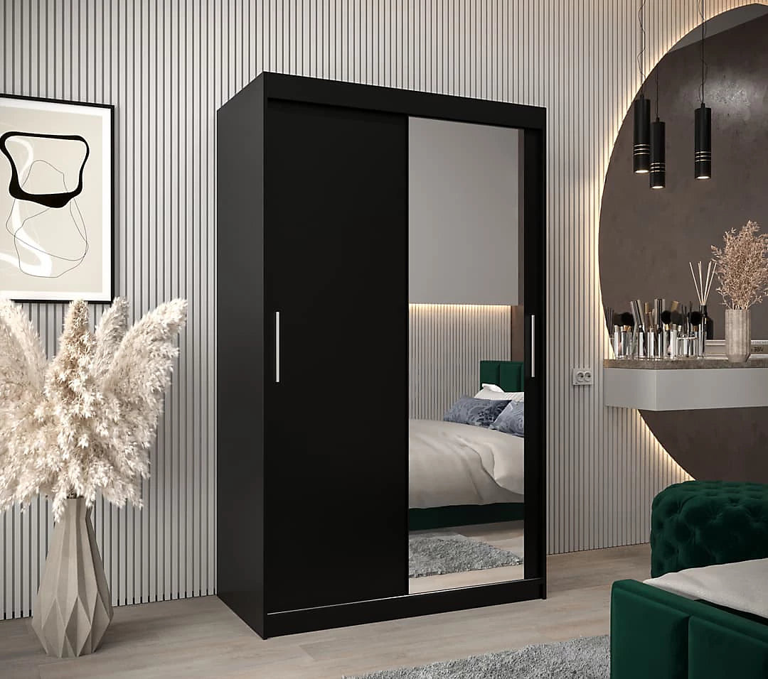 Tokyo 02 Contemporary Mirrored 2 Sliding Door Wardrobe 5 Shelves 2 Rails Black Matt