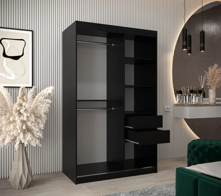 Tokyo 02 Contemporary Mirrored 2 Sliding Door Wardrobe 5 Shelves 2 Rails Black Matt 120cm