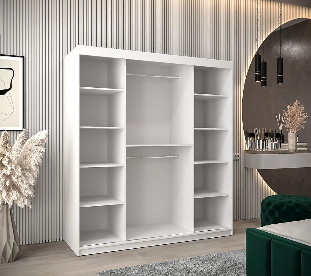 Boliwia Contemporary 2 Mirrored Sliding Door Wardrobe 9 Shelves 2 Rails White (W)180cm