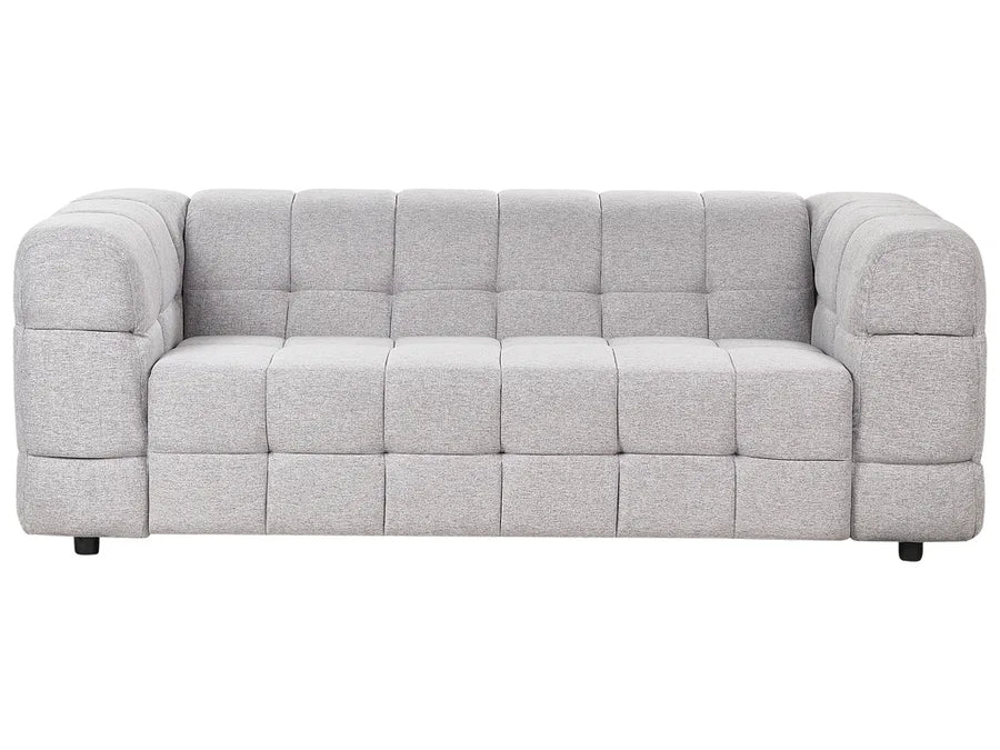 Light grey fabric 3 seater sofa with decorative stitching and padded cushions