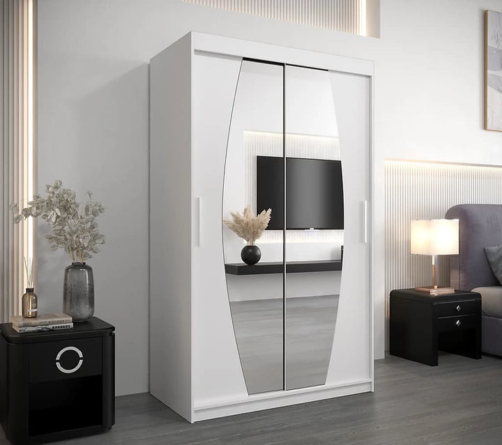 Elypse Contemporary 2 Mirrored Sliding Door Wardrobe 5 Shelves 2 Rails White