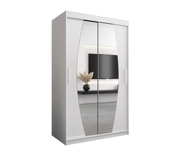 Elypse Contemporary 2 Mirrored Sliding Door Wardrobe 5 Shelves 2 Rails White