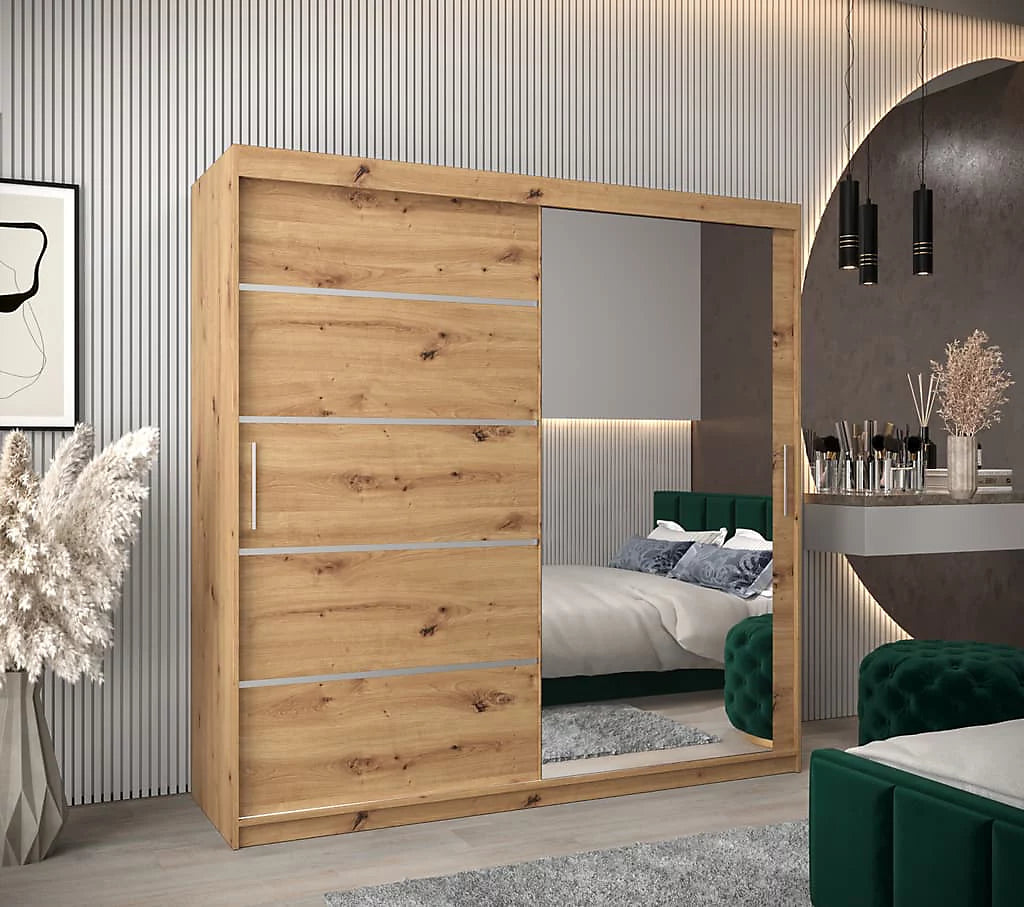 Verona 02 Contemporary 2 Mirrored Sliding Door Wardrobe 9 Shelves 2 Rails Oak Artisan Effect