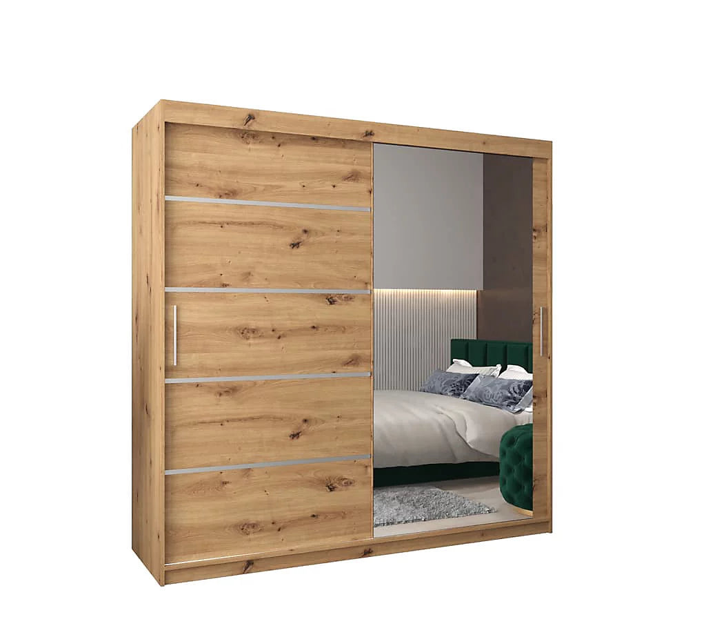 Verona 02 Contemporary 2 Mirrored Sliding Door Wardrobe 9 Shelves 2 Rails Oak Artisan Effect