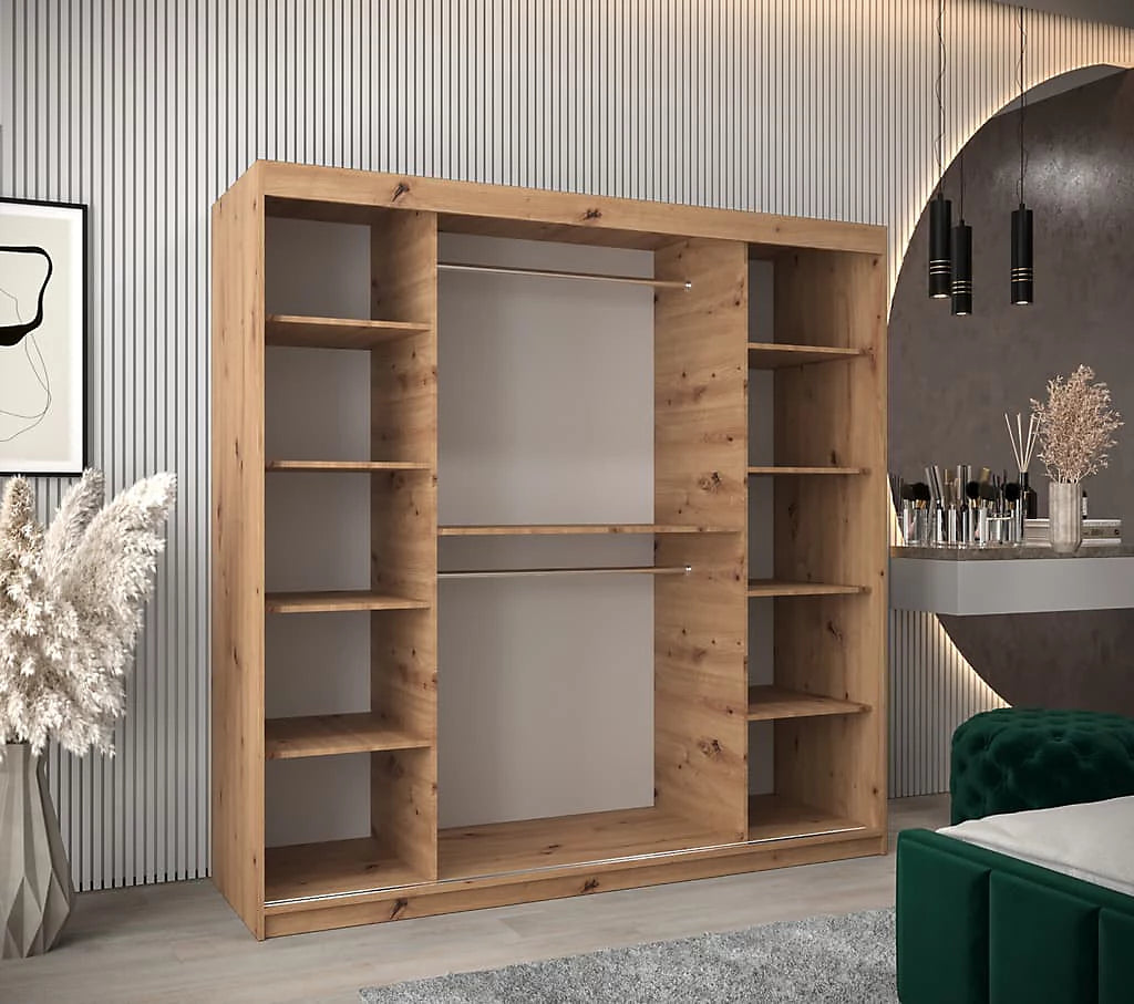 Verona 02 Contemporary 2 Mirrored Sliding Door Wardrobe 9 Shelves 2 Rails Oak Artisan Effect