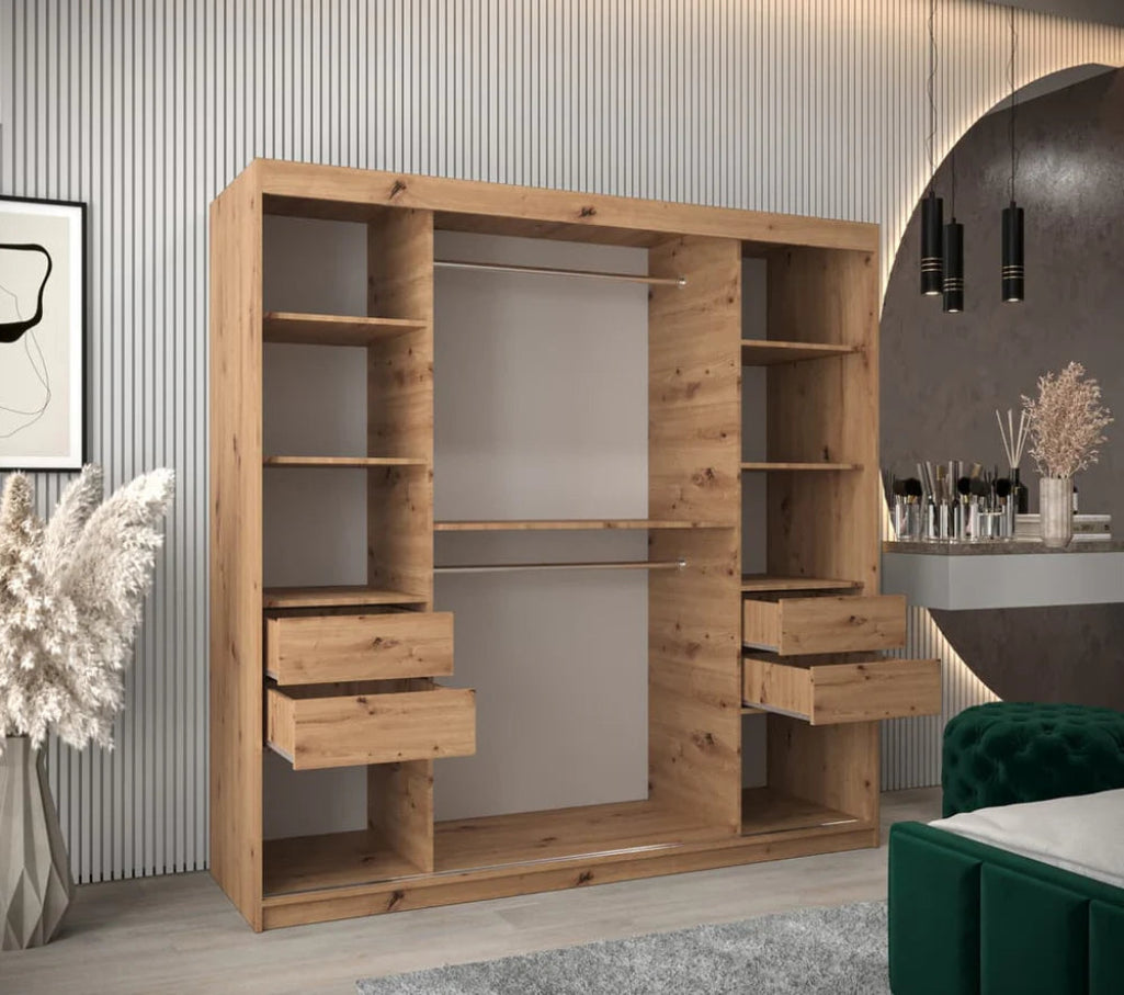 Verona 02 Contemporary 2 Mirrored Sliding Door Wardrobe 9 Shelves 2 Rails Oak Artisan Effect