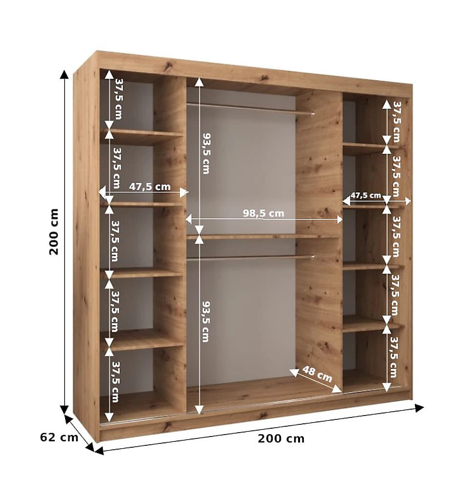 Verona 02 Contemporary 2 Mirrored Sliding Door Wardrobe 9 Shelves 2 Rails Oak Artisan Effect