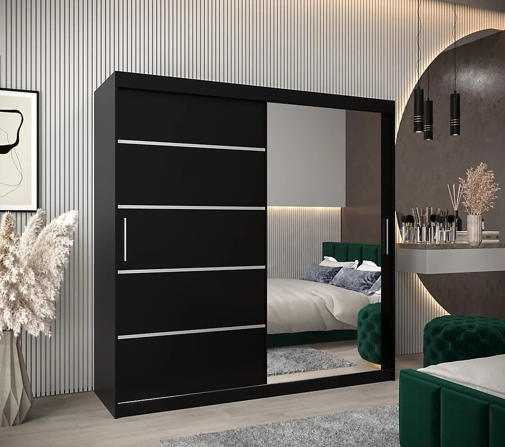 Verona 02 Contemporary 2 Mirrored Sliding Door Wardrobe 9 Shelves 2 Rails Black Matt