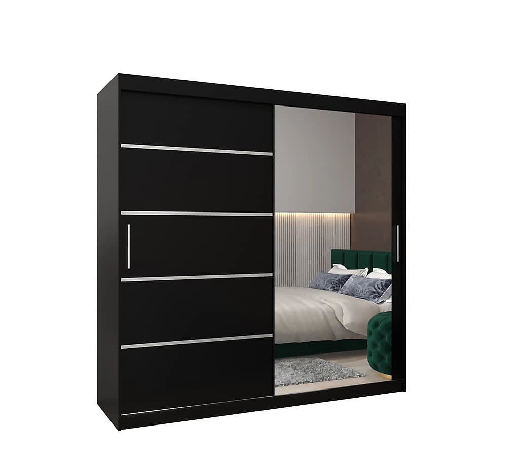 Verona 02 Contemporary 2 Mirrored Sliding Door Wardrobe 9 Shelves 2 Rails Black Matt