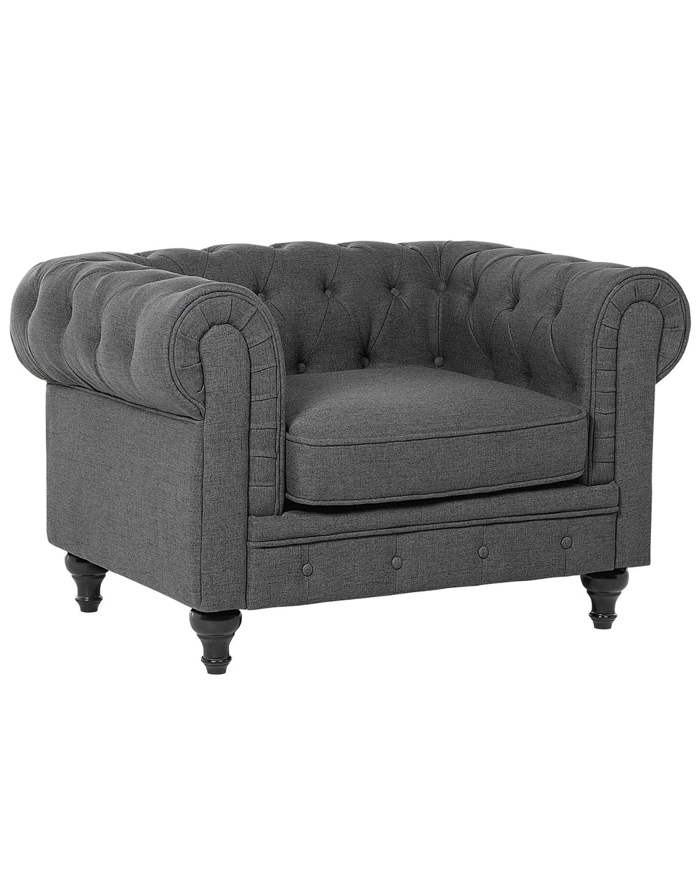 Gray tufted armchair on a white background