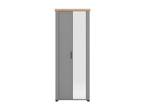Two-door wardrobe with one door having a mirror on a white background