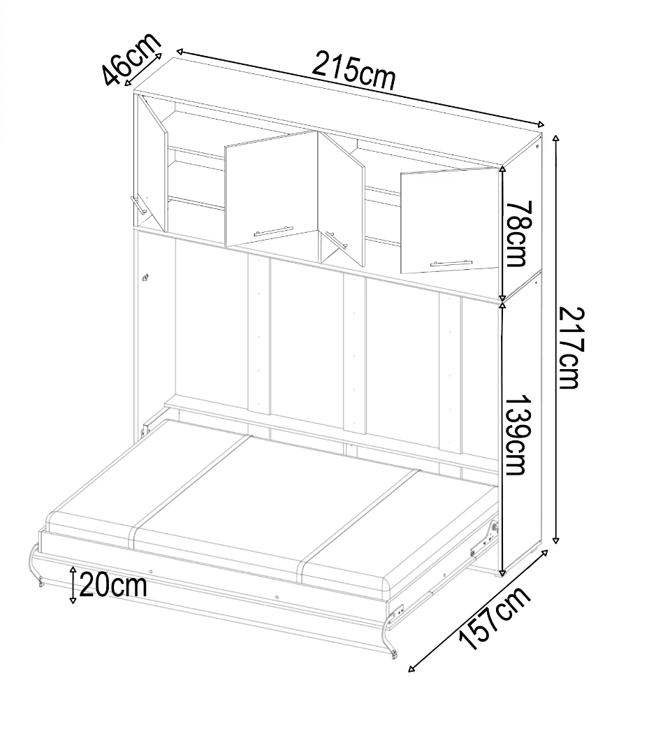 Kizer Horizontal Wall Bed Concept 120cm with Over Bed Unit Grey Matt CP-05