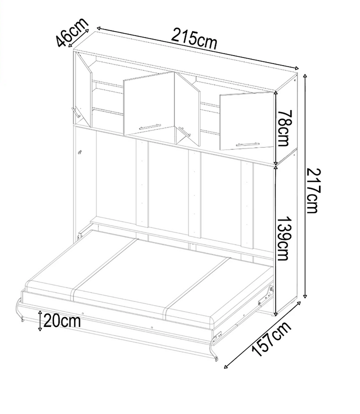 Kizer Horizontal Wall Bed Concept 120cm with Over Bed Unit Grey Matt CP-05