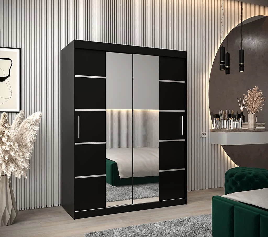 Verona 04 Contemporary 2 Mirrored Sliding Door Wardrobe 5 Shelves 2 Rails Black Matt