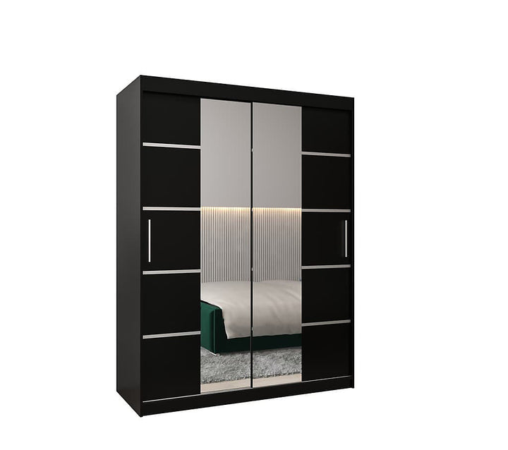 Verona 04 Contemporary 2 Mirrored Sliding Door Wardrobe 5 Shelves 2 Rails Black Matt