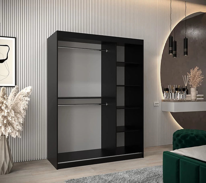 Verona 04 Contemporary 2 Mirrored Sliding Door Wardrobe 5 Shelves 2 Rails Black Matt