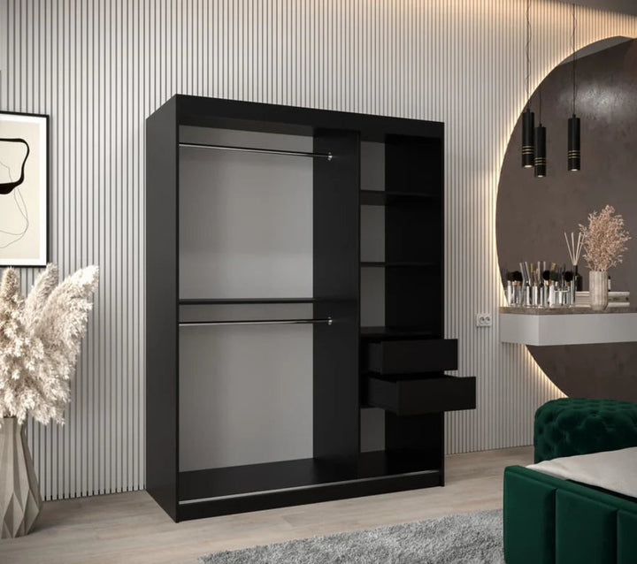 Verona 04 Contemporary 2 Mirrored Sliding Door Wardrobe 5 Shelves 2 Rails Black Matt