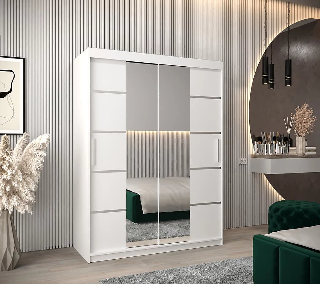 Verona 04 Contemporary 2 Mirrored Sliding Door Wardrobe 5 Shelves 2 Rails White Matt