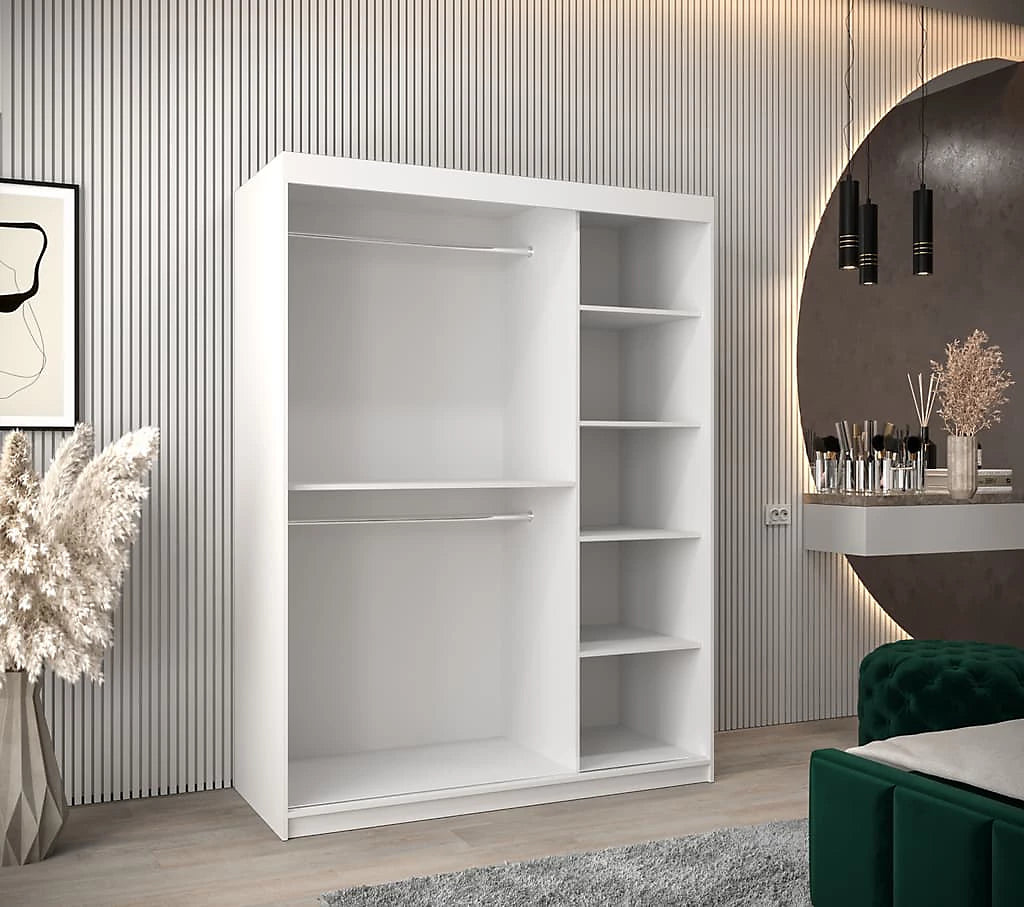 Verona 04 Contemporary 2 Mirrored Sliding Door Wardrobe 5 Shelves 2 Rails White Matt