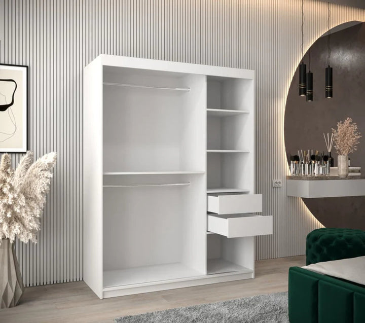 Verona 04 Contemporary 2 Mirrored Sliding Door Wardrobe 5 Shelves 2 Rails White Matt